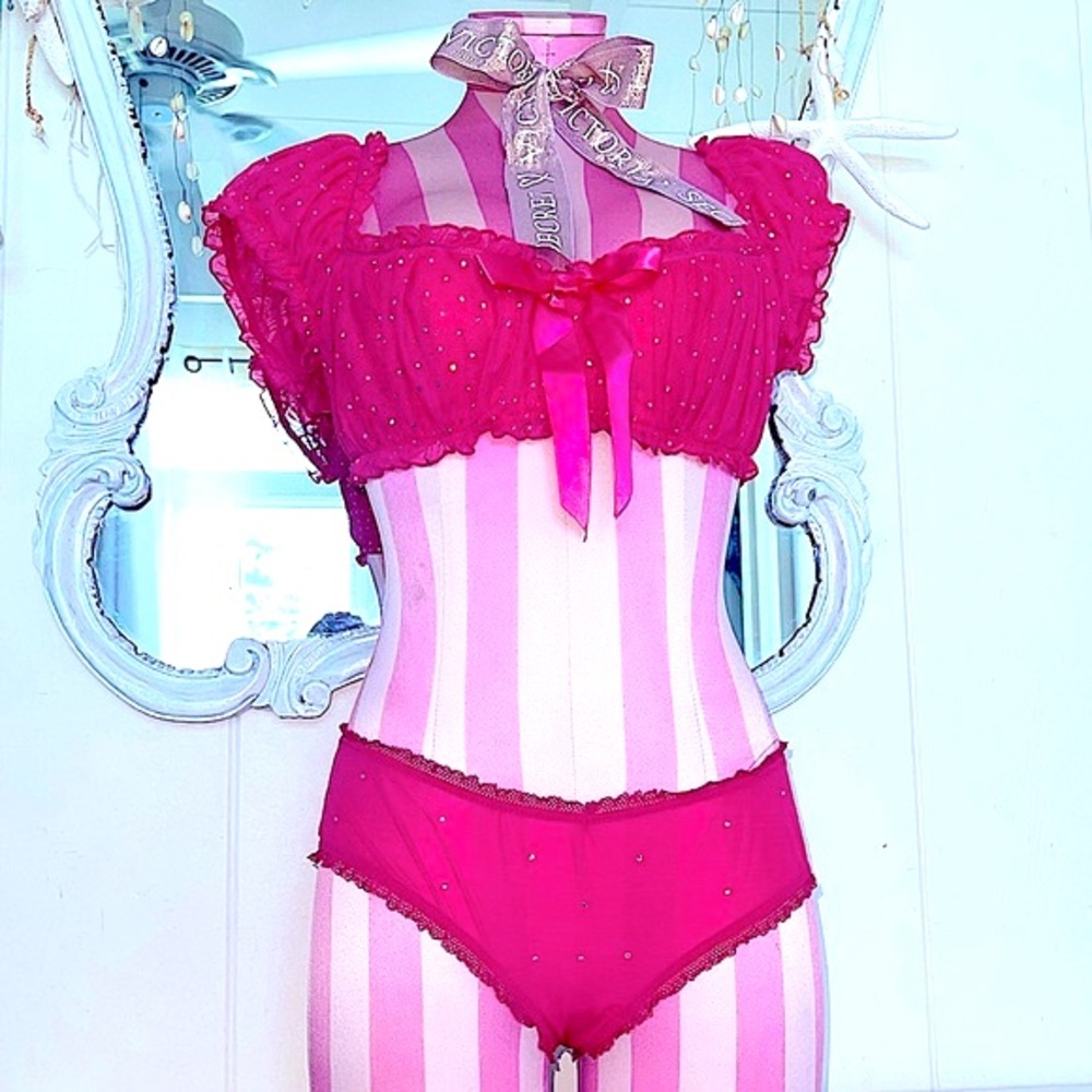 2 Pc Sparkle Shimmer Sexy Little Things Peasant Crop Top  Bra and Panty